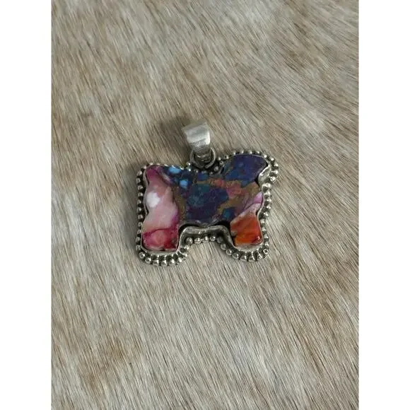 Native American Sterling Silver SW Pink Dahlia Turquoise Cow Sheep Bull Pendant